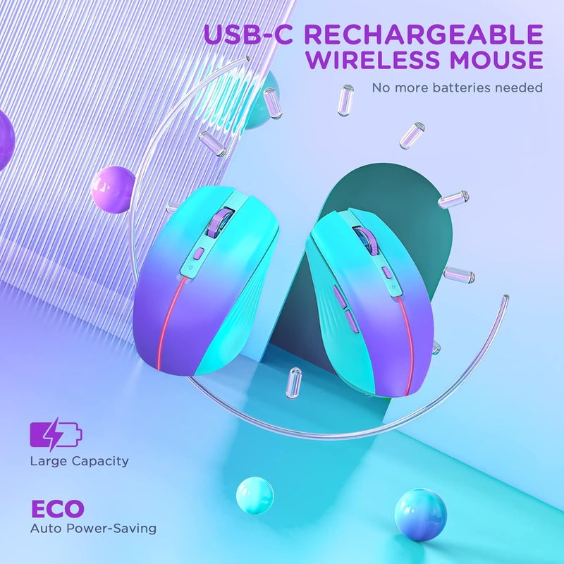 RAPIQUE Bluetooth Wireless Mouse, Rechargeable Slient Multi-Device Computer Mice (Tri-Mode: BT1/2+2.4Ghz) with USB Receiver, Ergonomic Cordless Mouse for Laptop/MacBook/PC/iPad(Mint Green to Purple) - Image 4